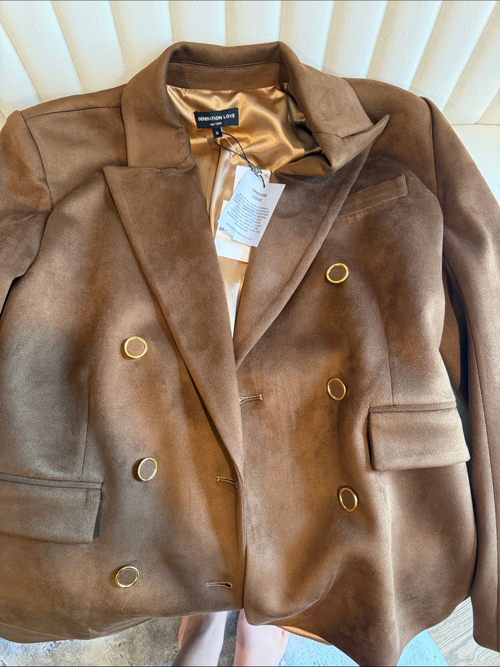 Generation Love Brown Double-Breasted Suede Blazer With Gold Buttons